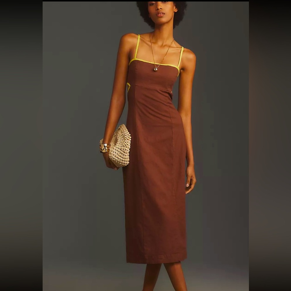 Anthropologie Brown Midi Dress with Yellow Trim - Picture 2 of 5